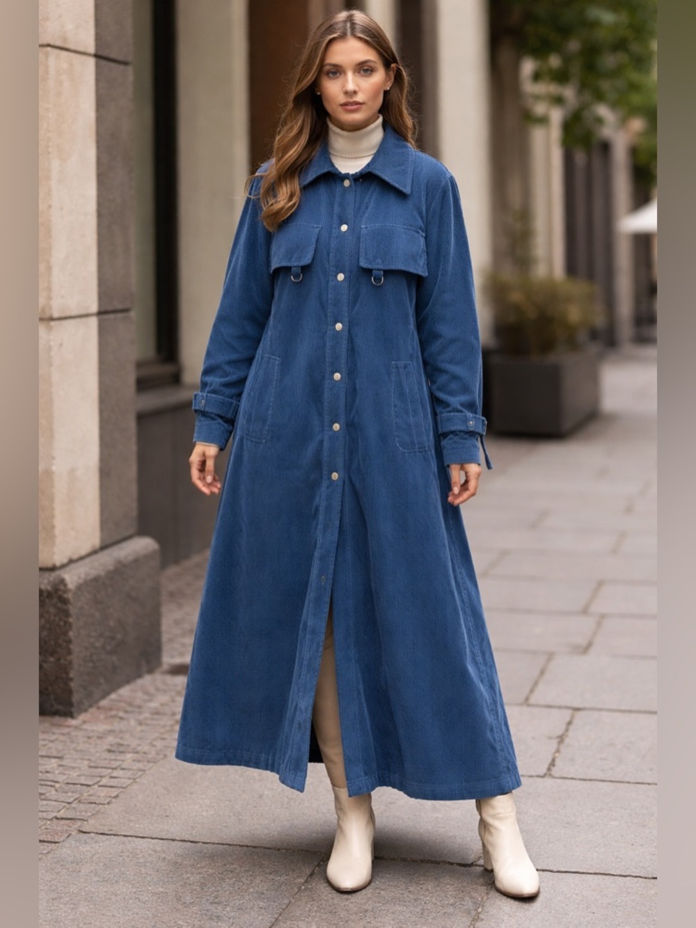 Vintage‎ blue corduroy maxi Button-Up Long coat trench coat
